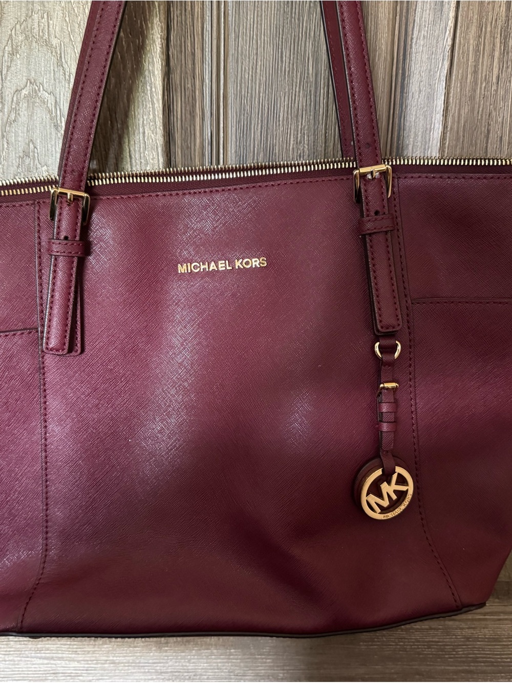 Michael Kors Wine Saffiano Leather Tote with Gold Hardware